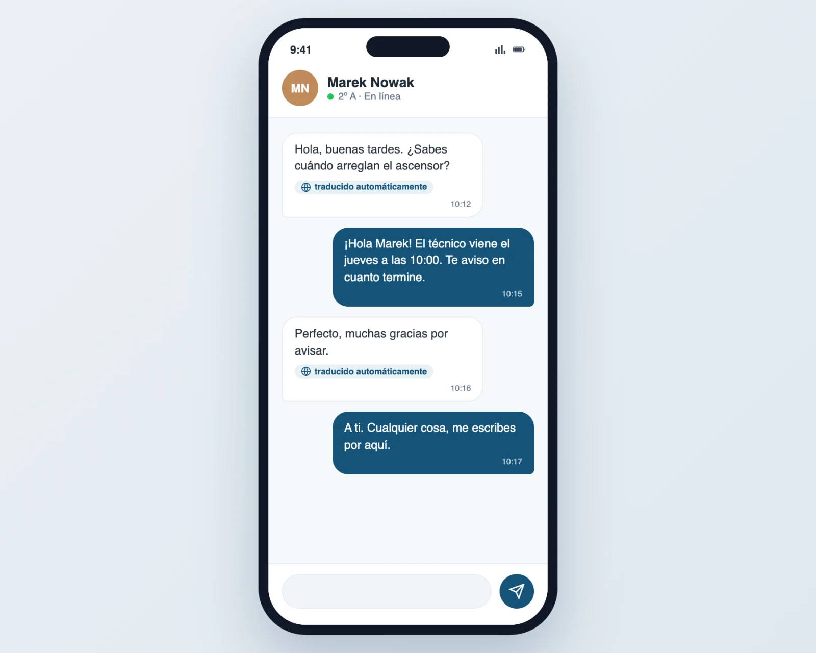 El chat de la comunidad traducido automáticamente al idioma de cada vecino en la app de Vecinly